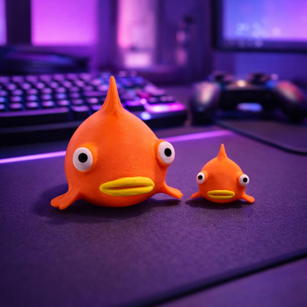 Two small orange fish figurines on a desk with computer equipment in the background.